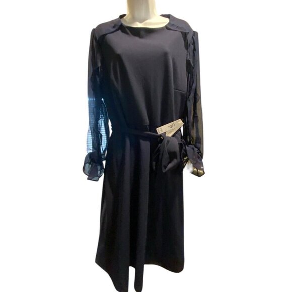 Shelby & Palmer Dress 16 Womens Midi Navy Long Sheer Sleeves Belted Ruffle - Picture 3 of 15